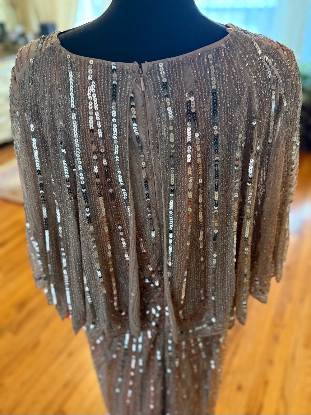 Mac Duggal Blush Sequin Maxi Dress with V-Neck and Cape Sleeves - Picture 7 of 7